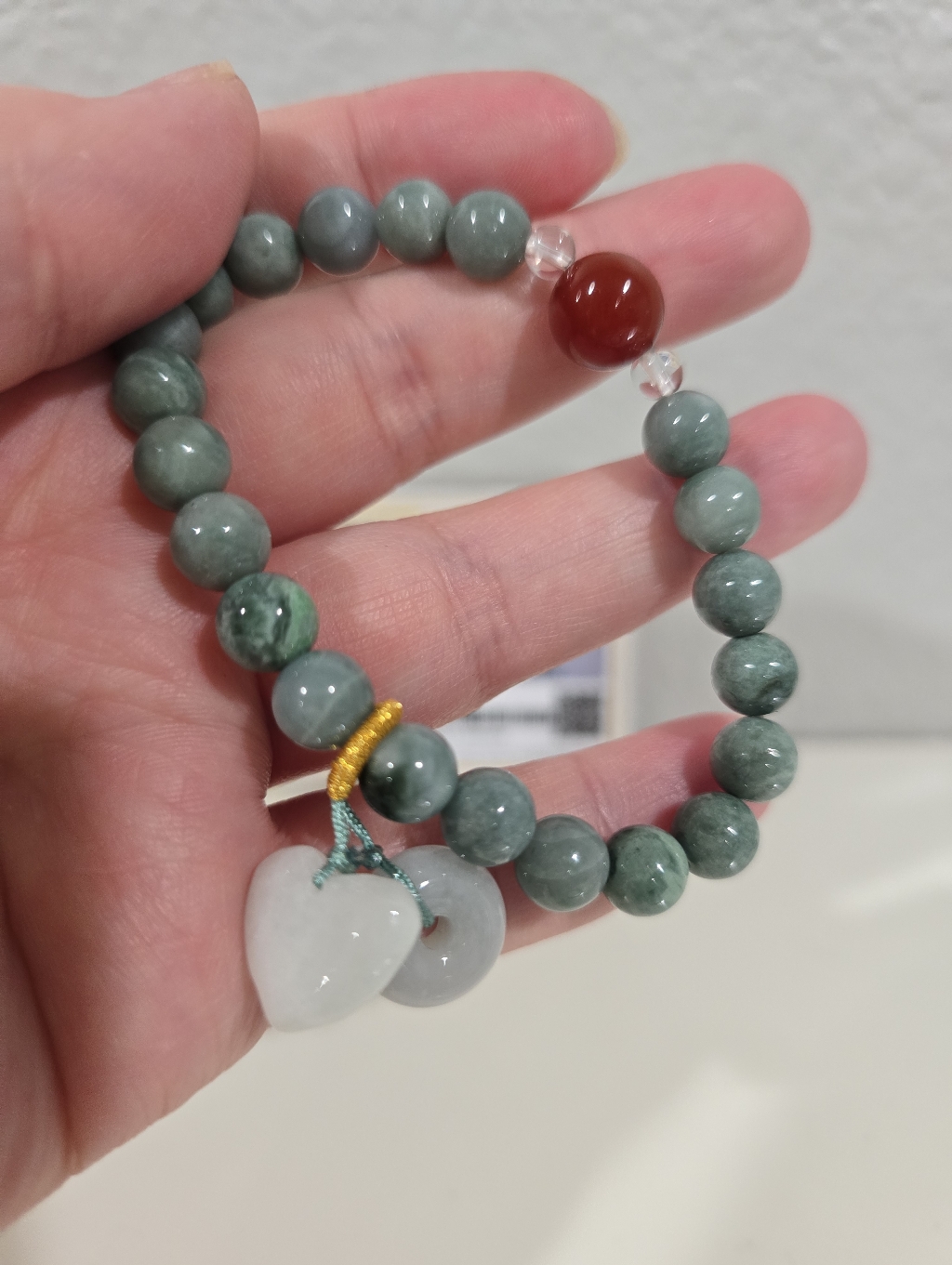 Green Jade Beaded Bracelet With White Jade Heart Charms And Cert